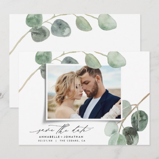Moderne Drehbuch elegante Vintage Foto eucalyptus Einladung (Vorne/Hinten)
