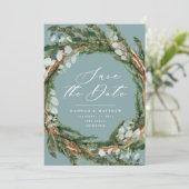 Moderne Drehbuch Eukalyptus elegante Hochzeit Save The Date (Stehend Vorderseite)