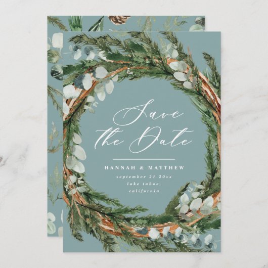 Moderne Drehbuch Eukalyptus elegante Hochzeit Save The Date (Vorne/Hinten)