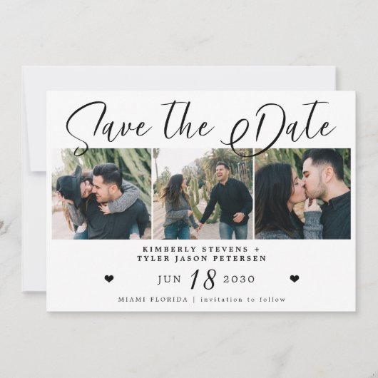 Moderne Drehbuch-Hochzeit in Schwarz-Weiß-Foto Save The Date (Vorderseite)