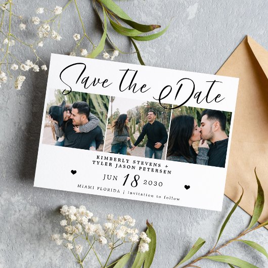 Moderne Drehbuch-Hochzeit in Schwarz-Weiß-Foto Save The Date