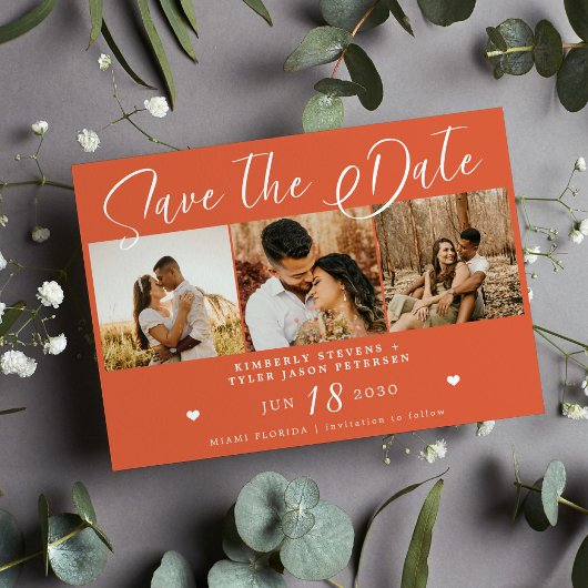 Moderne Drehbuch-Hochzeit mit hellen Orangen-Fotos Save The Date