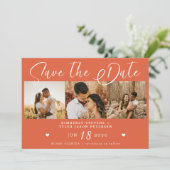 Moderne Drehbuch-Hochzeit mit hellen Orangen-Fotos Save The Date (Stehend Vorderseite)