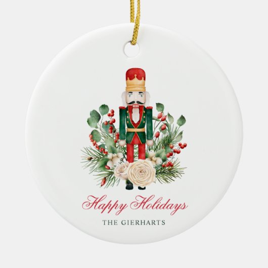 Moderne Drehbuch Nutcracker Happy Holidays Keramik Ornament (Vorne)