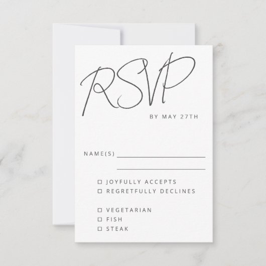 Moderne Drehbuch Schwarz-weiße Hochzeitsmahlzeit RSVP Karte (Vorderseite)