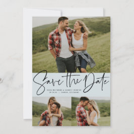 Moderne Drehbuch-Trend drei Foto hellblau Save The Date