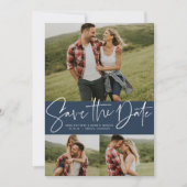 Moderne Drehbuch-Trend Drei-Foto-Marine Save The Date (Vorderseite)