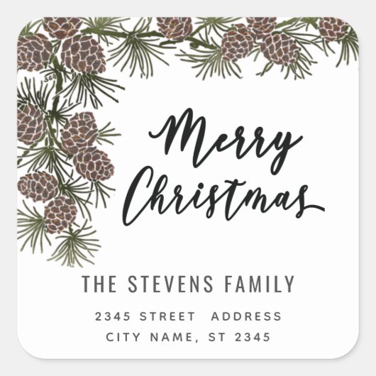 Moderne Drehbücher Fest Weihnachtskiefern Label Quadratischer Aufkleber (Vorderseite)