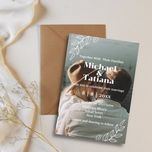 Moderne Drehbuchhochzeit botanisches Foto Einladung
