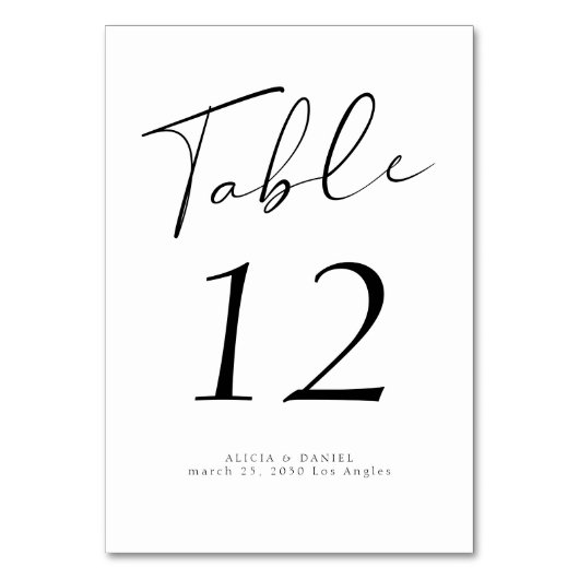 Moderne Drehbuchschrift elegante Schwarz-Weiß-Hoch Tischnummer (Rückseite)