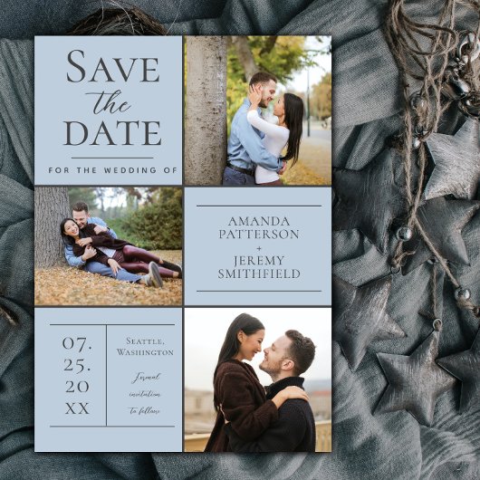 Moderne Drei-Foto Collage | Blau Save the Date