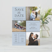 Moderne Drei-Foto Collage | Blau Save the Date (Stehend Vorderseite)