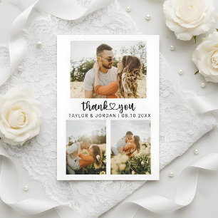 Moderne Drei-Foto-Collage Herz-Schrift Hochzeit  Dankeskarte