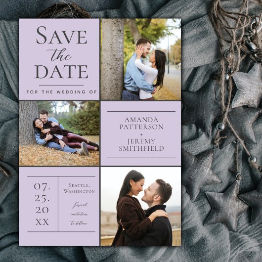 Moderne Drei-Foto Collage | Lavendel Save The Date