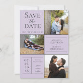 Moderne Drei-Foto Collage | Lavendel Save The Date (Vorderseite)
