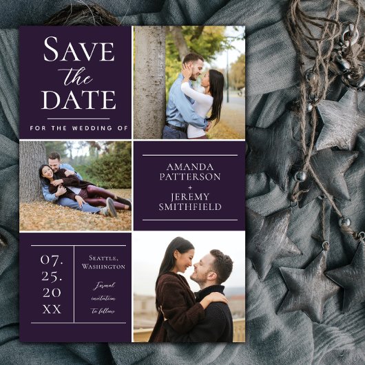 Moderne Drei-Foto Collage | Lila Save The Date