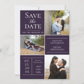 Moderne Drei-Foto Collage | Lila Save The Date (Vorderseite)