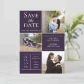 Moderne Drei-Foto Collage | Lila Save The Date (Stehend Vorderseite)