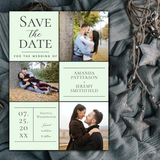 Moderne Drei-Foto Collage | Mint Green Save The Date