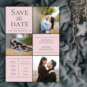 Moderne Drei-Foto Collage Save the Date rosa