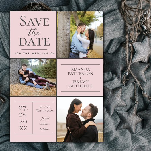 Moderne Drei-Foto Collage | Save the Date rosa