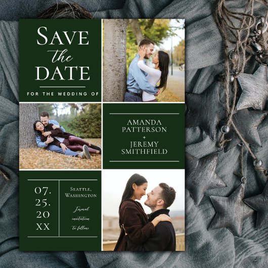 Moderne Drei-Foto Collage | Smaragdgrün Save The Date