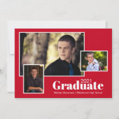 Moderne Drei-Foto-Grau- und Rote-Graduierungsparte Einladung (Vorderseite)