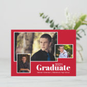 Moderne Drei-Foto-Grau- und Rote-Graduierungsparte Einladung (Stehend Vorderseite)