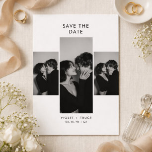 Moderne Drei-Foto-Hochzeit in Schwarzweiß Save The Date