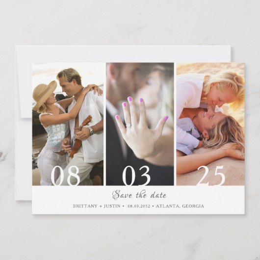 Moderne Drei-Foto-Hochzeit rettet das Datum Save The Date (Vorderseite)