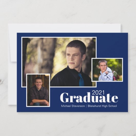 Moderne Drei-Foto-Navy Blue Graduation Party Einladung (Vorderseite)