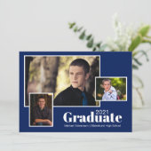 Moderne Drei-Foto-Navy Blue Graduation Party Einladung (Stehend Vorderseite)
