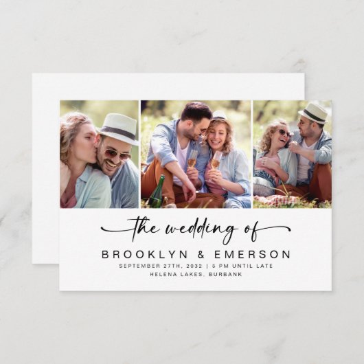 Moderne Drei-Foto QR Code UAWG Wedding Einladung (Vorne/Hinten)