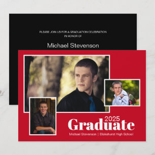 Moderne Drei-Foto-Rot-Schwarz-Graduierungspartei Einladung