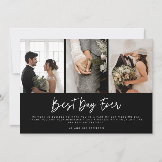 Moderne Drei-Foto-Schwarz-weiße Hochzeit Danke (Vorderseite)