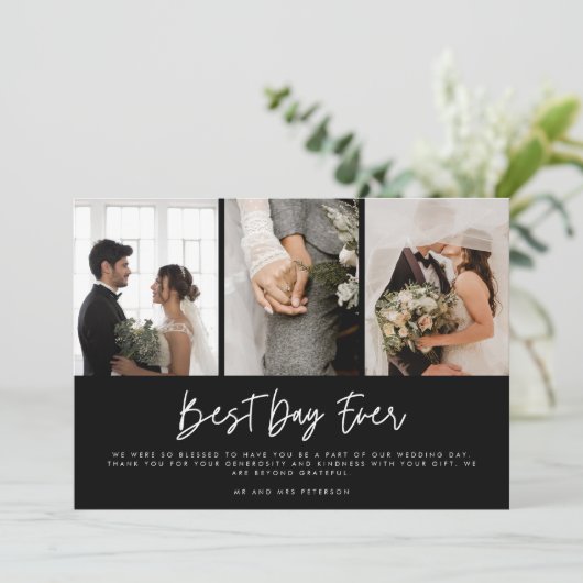 Moderne Drei-Foto-Schwarz-weiße Hochzeit Danke (Stehend Vorderseite)