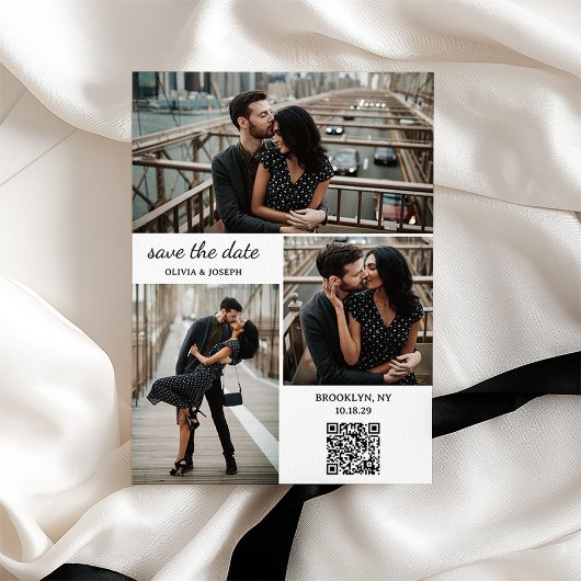 Moderne Drei-Foto- und QR-Code-Hochzeit Save The Date