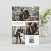 Moderne Drei-Foto- und QR-Code-Hochzeit Save The Date (Stehend Vorderseite)