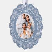 Moderne, duftige blaue Schneeflocken Happy Holiday Ornament Karte (Links)