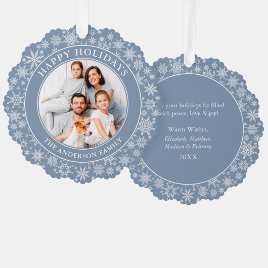 Moderne, duftige blaue Schneeflocken Happy Holiday Ornament Karte (Vorderseite/Rückseite)