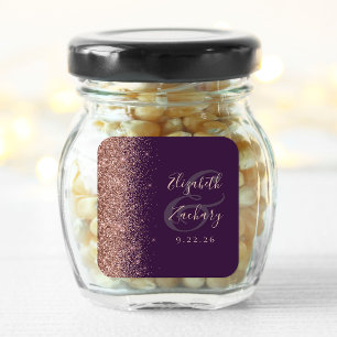 Moderne dunkel violette Rosen-Gold Glitter-Hochzei Quadratischer Aufkleber