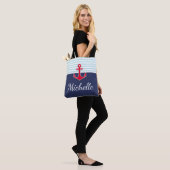 Moderne dunkelblaue, nautische Design, roter Anker Tasche (Am Model)