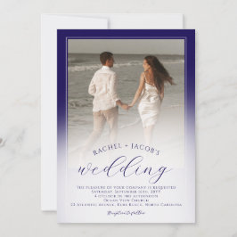 Moderne dunkelblaue Ombre 2-Foto-Hochzeit Einladung