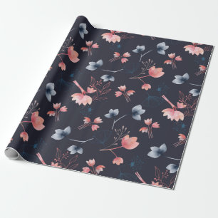 Moderne dunkelblaue rosa florale Blattverpackungsp Geschenkpapier