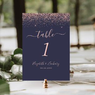 Moderne dunkelblaue Rose-Gold-Glitterrand-Hochzeit Tischnummer