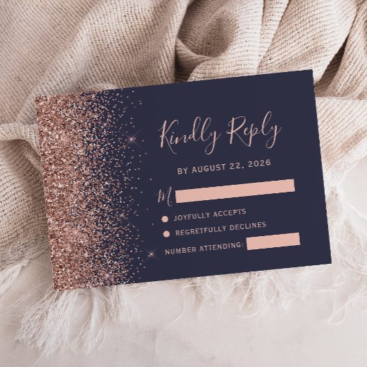 Moderne Dunkelblaue Rose Gold Glitzer Edge RSVP Ka