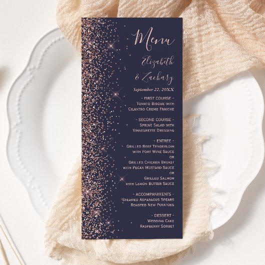 Moderne Dunkelblaue Rose Gold Glitzer Edge Wedding Menükarte