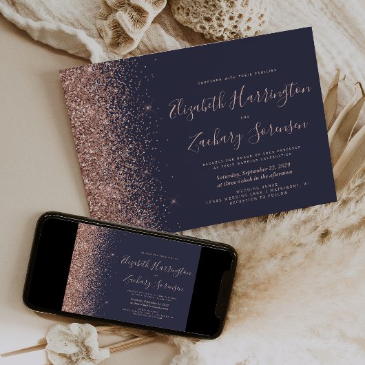 Moderne Dunkelblaue Rose Gold Glitzer Hochzeit Einladung