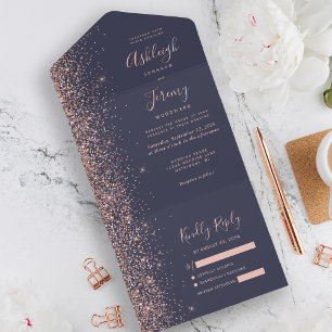 Moderne dunkelblaue Roségold-Glitter-Hochzeit All In One Einladung