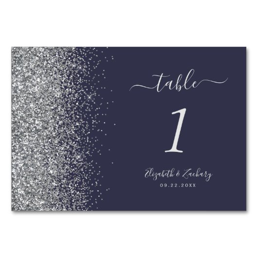 Moderne dunkelblaue Silber Glitzer Edge Wedding Tischnummer (Rückseite)